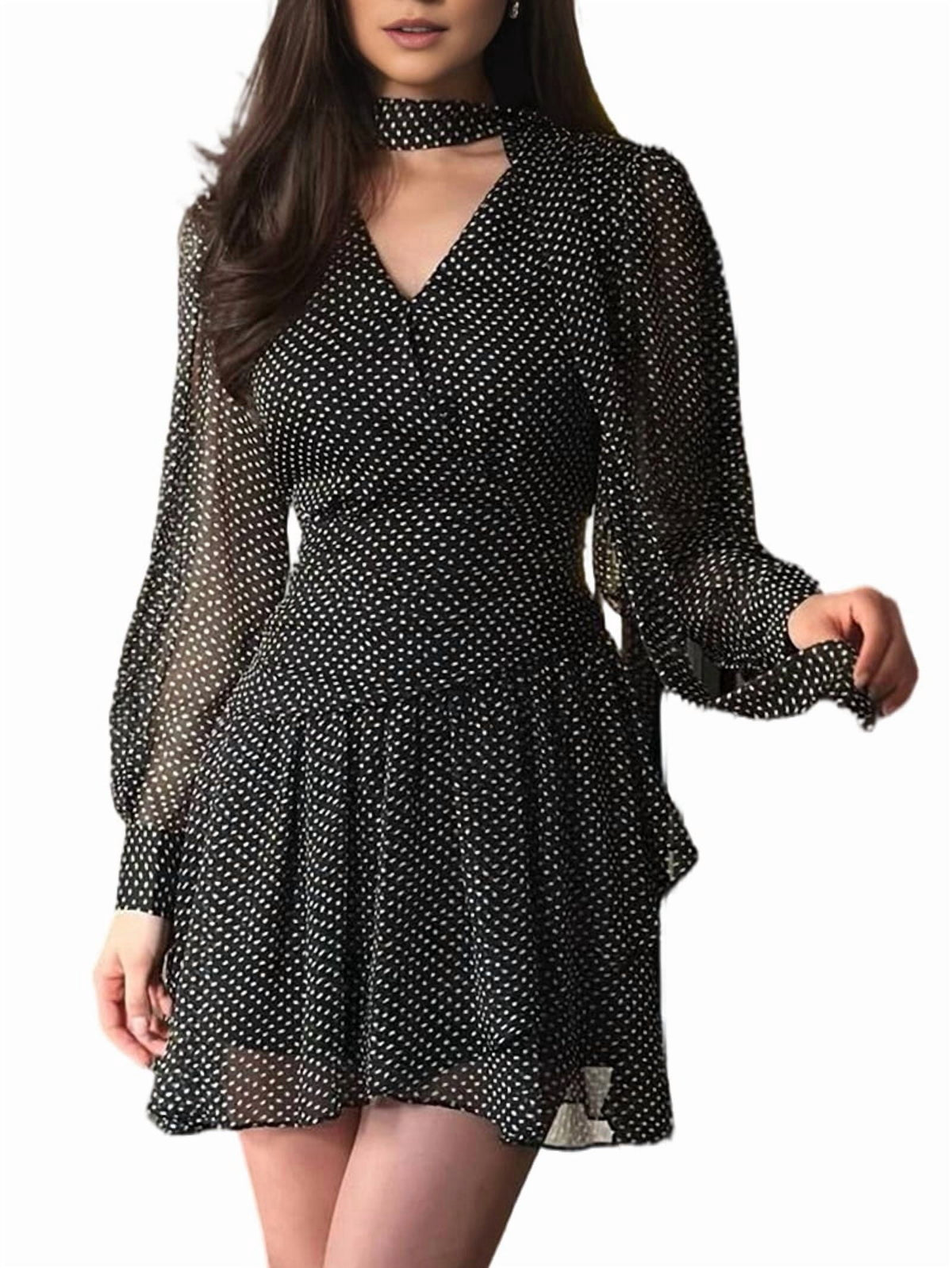 thumbnail image 1 of Womens Polka Dot V Neck Long Sleeve Shirred Mini Dress with Ruffle Black S, 1 of 8