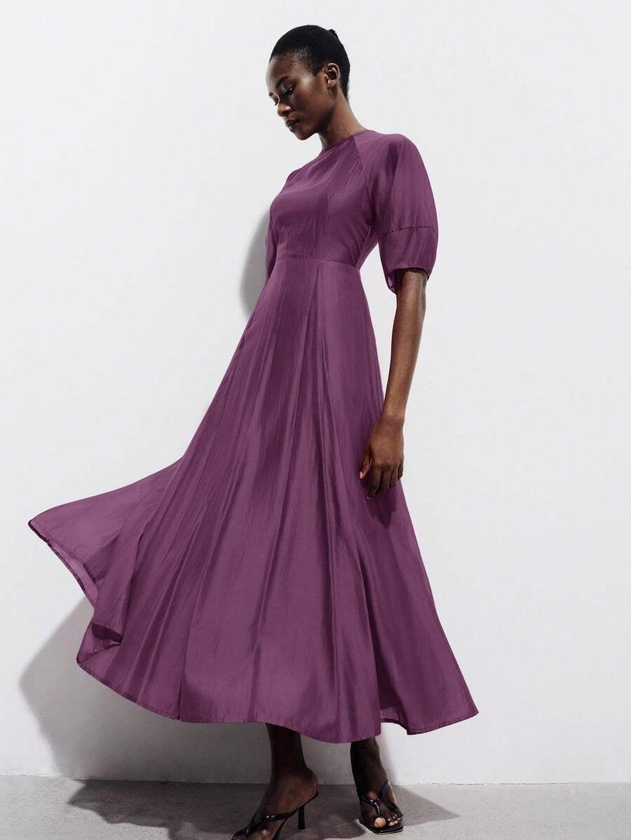thumbnail image 1 of Womens Purple Round Neck Vintage Style A-Line Long Dress with Puff Sleeves, 1 of 8