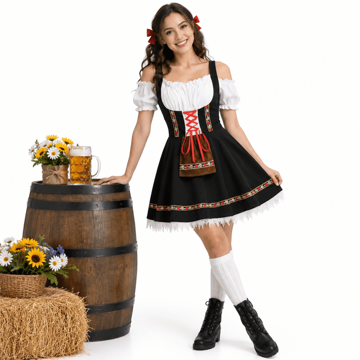 thumbnail image 1 of Womens Traditional Oktoberfest Dirndl Dress, Black-Medium, One-Shoulder Puff Sleeve Corset Style, 1 of 7