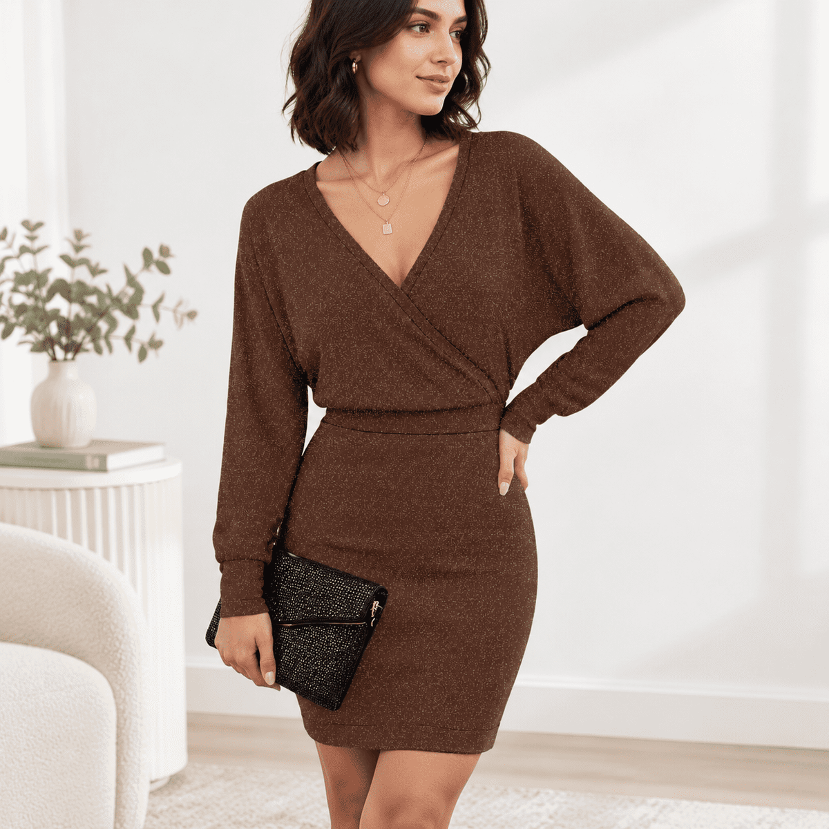 thumbnail image 1 of Womensy V Neck Batwing Sleeve Sparkly Cocktail Partyer Dresses Holiday Bodycon Midi Dress, 1 of 6