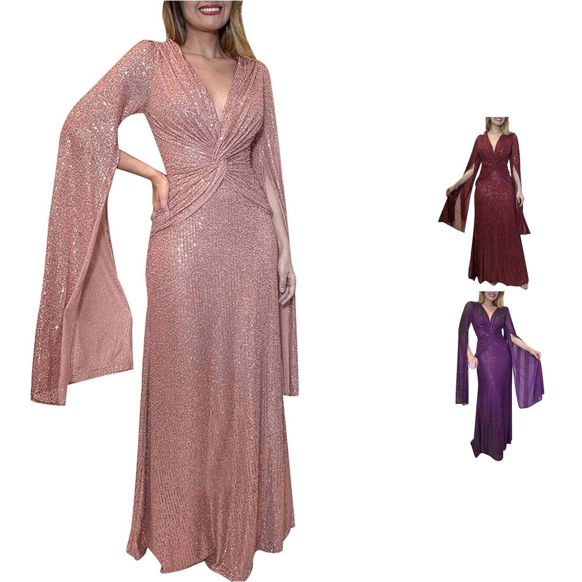 thumbnail image 1 of XIAOCHA Sequin Twist Cape Sleeve Maxi Dress for Women V Neck Ruched Evening Party Long Gown, 1 of 6