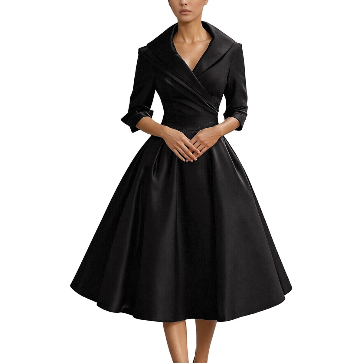thumbnail image 1 of XIAONU Womens Vintage Lapel Collar Dress 3/4 Sleeve Wrap Waist A Line Midi Formal Cocktail Party Dress, 1 of 5
