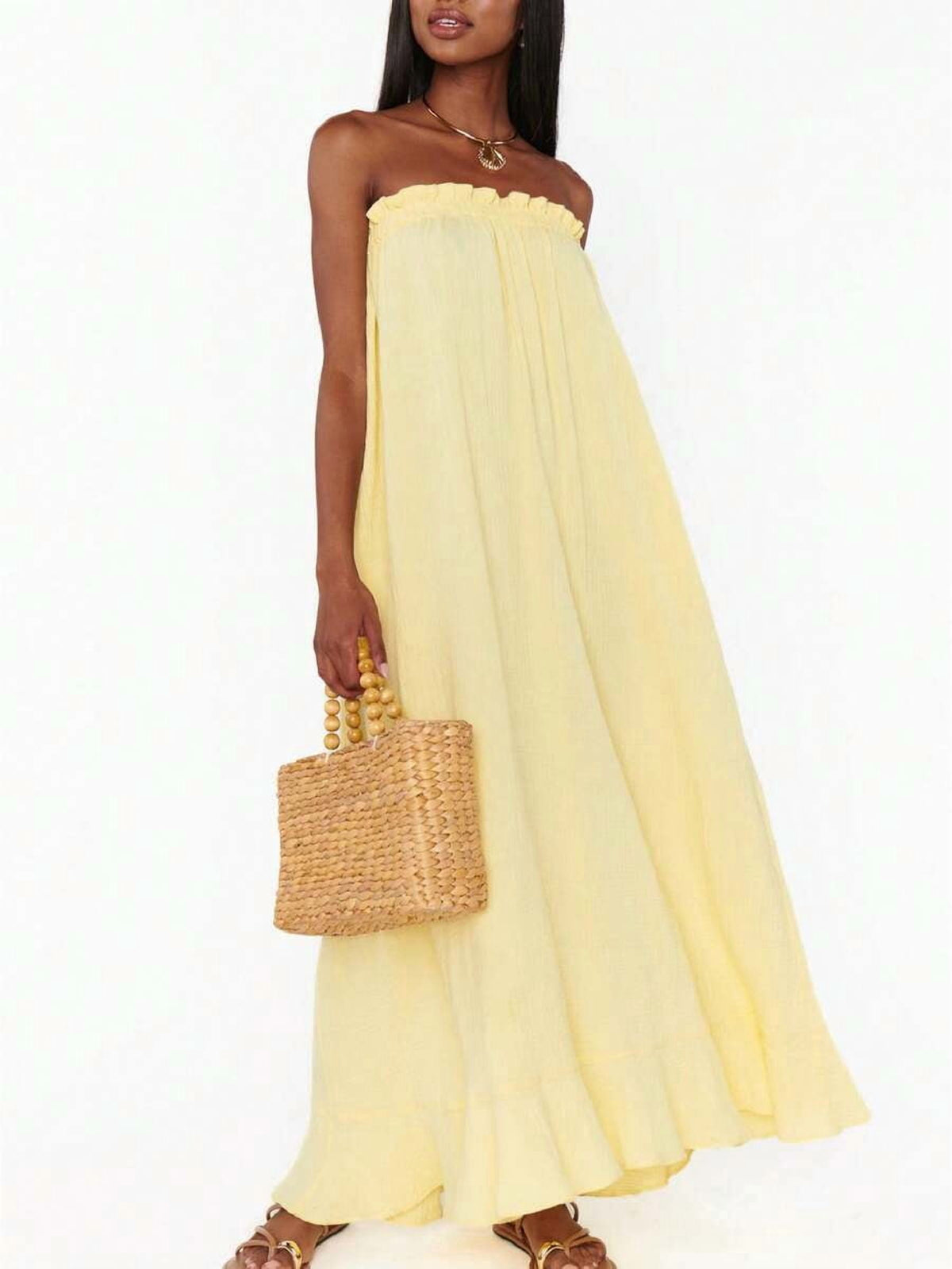 thumbnail image 1 of Yellow Dress Flowy A-Line Sundress For Summer Vacation, 1 of 5
