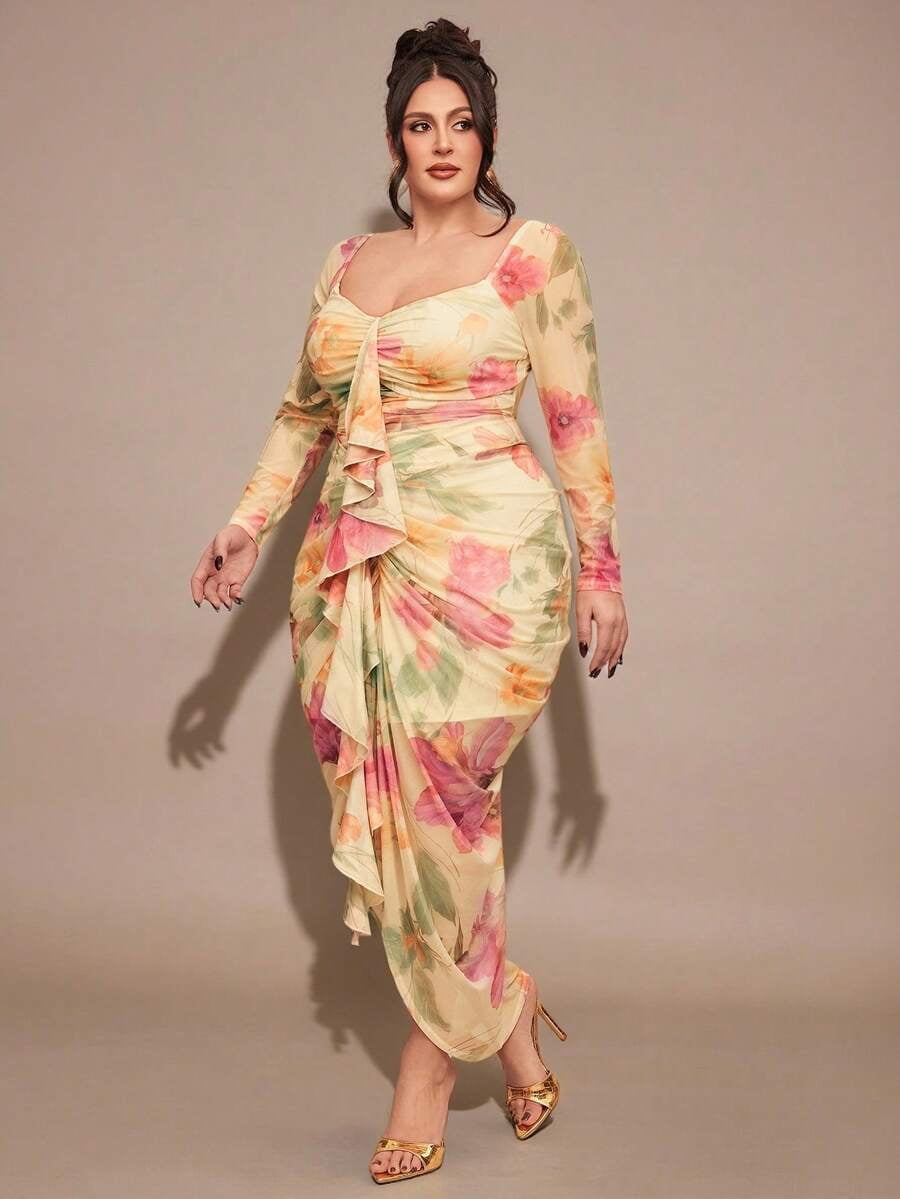 thumbnail image 1 of Yellow Floral Ruched Wrap Long Sleeve Maxi Dress With Square Neckline, 1 of 30