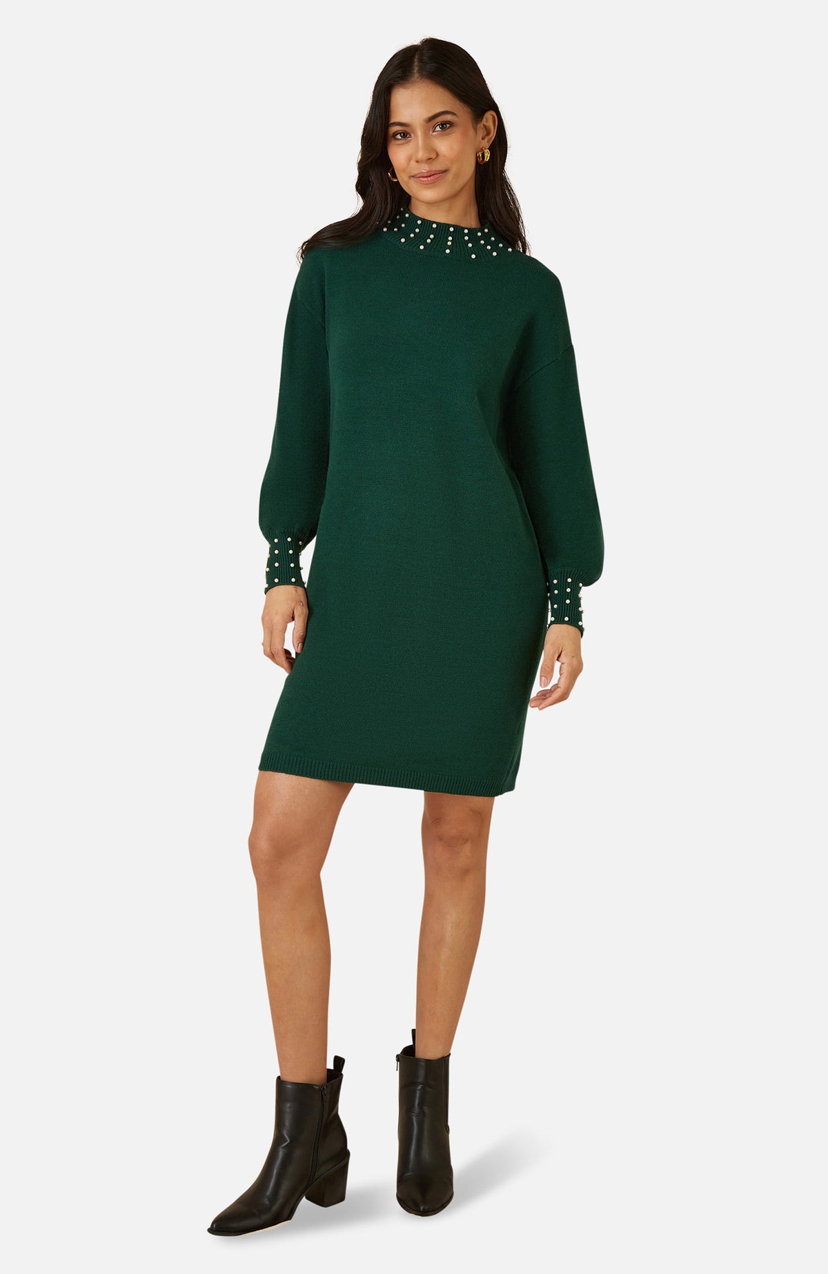 thumbnail image 1 of Yumi Bead Detail Knitted Sweater Dress - Green, M, 1 of 6