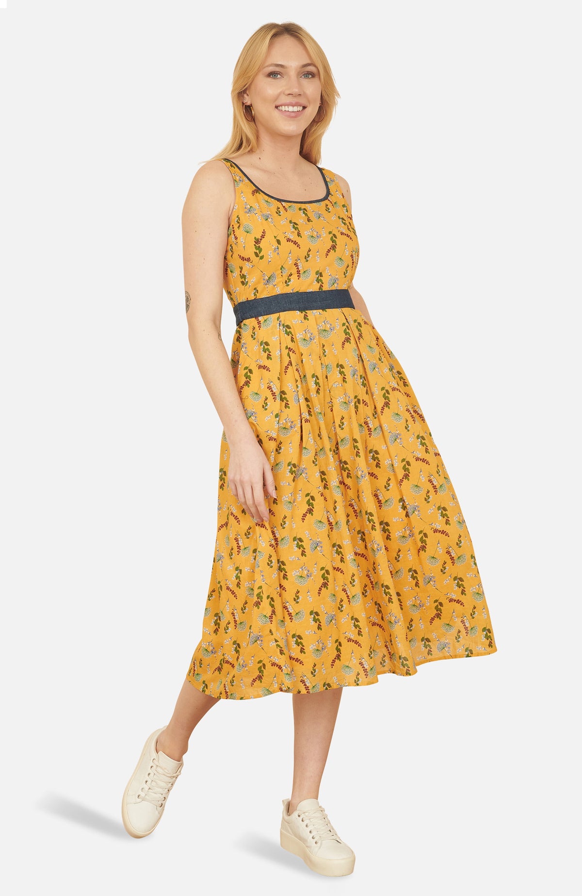 thumbnail image 1 of Yumi Cinched Waist Skater Dress - Yellow, 4, 1 of 5