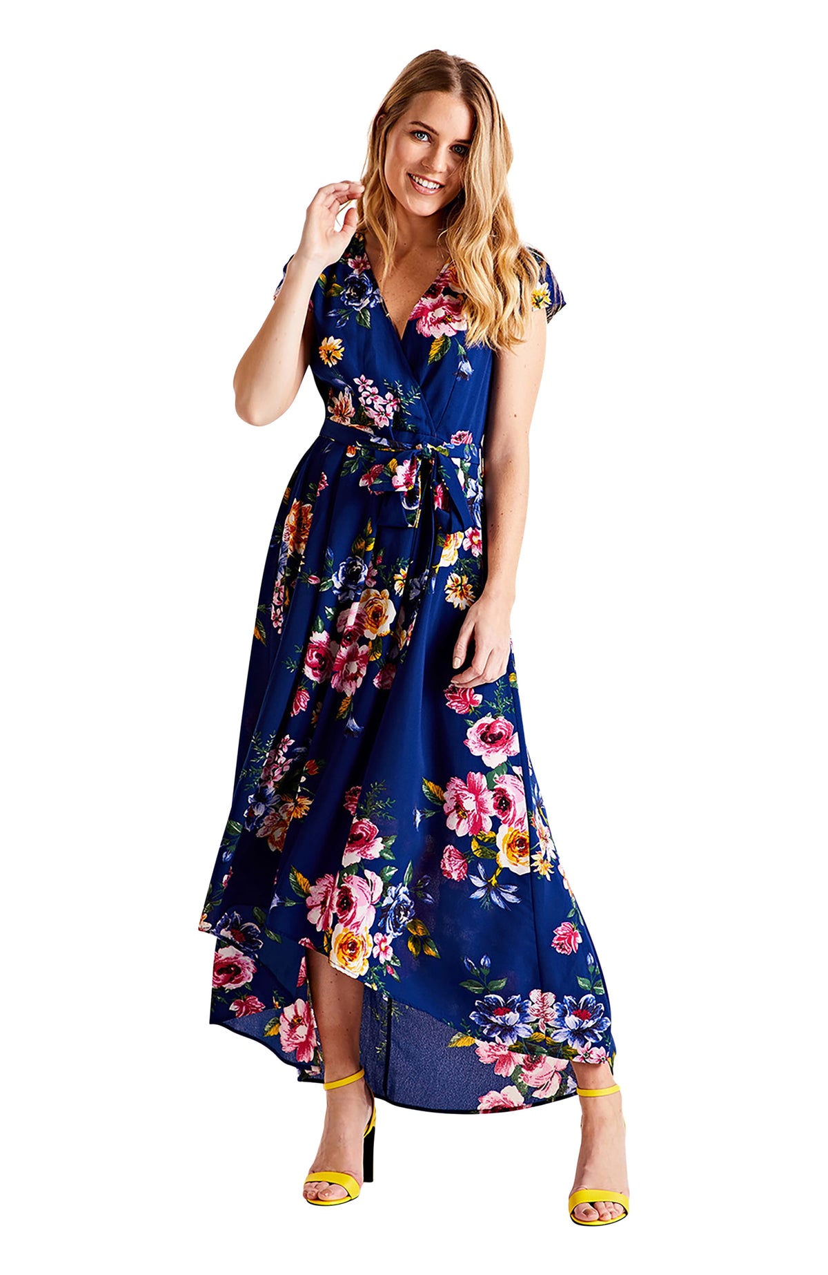 thumbnail image 1 of Yumi Floral Print Dipped Hem Wrap Midi Dress - Navy, 22, 1 of 5
