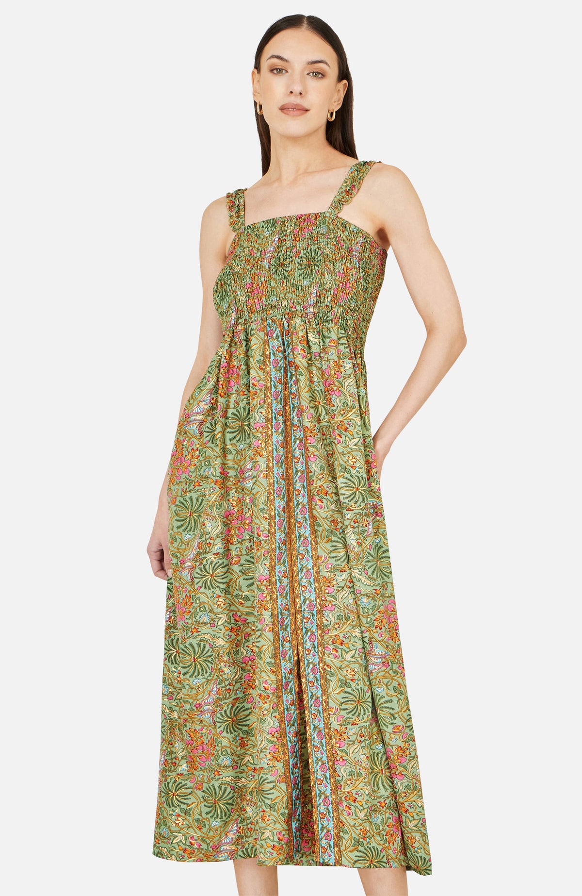 thumbnail image 1 of Yumi Foil Palm Print Ruched Midi Dress - Green, 4, 1 of 5