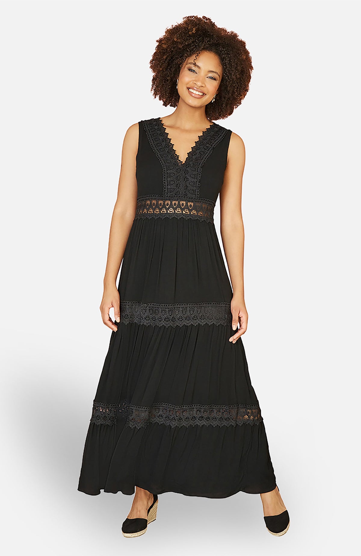 thumbnail image 1 of Yumi Lace Trim Cotton Maxi Sun Dress - Black, S, 1 of 5