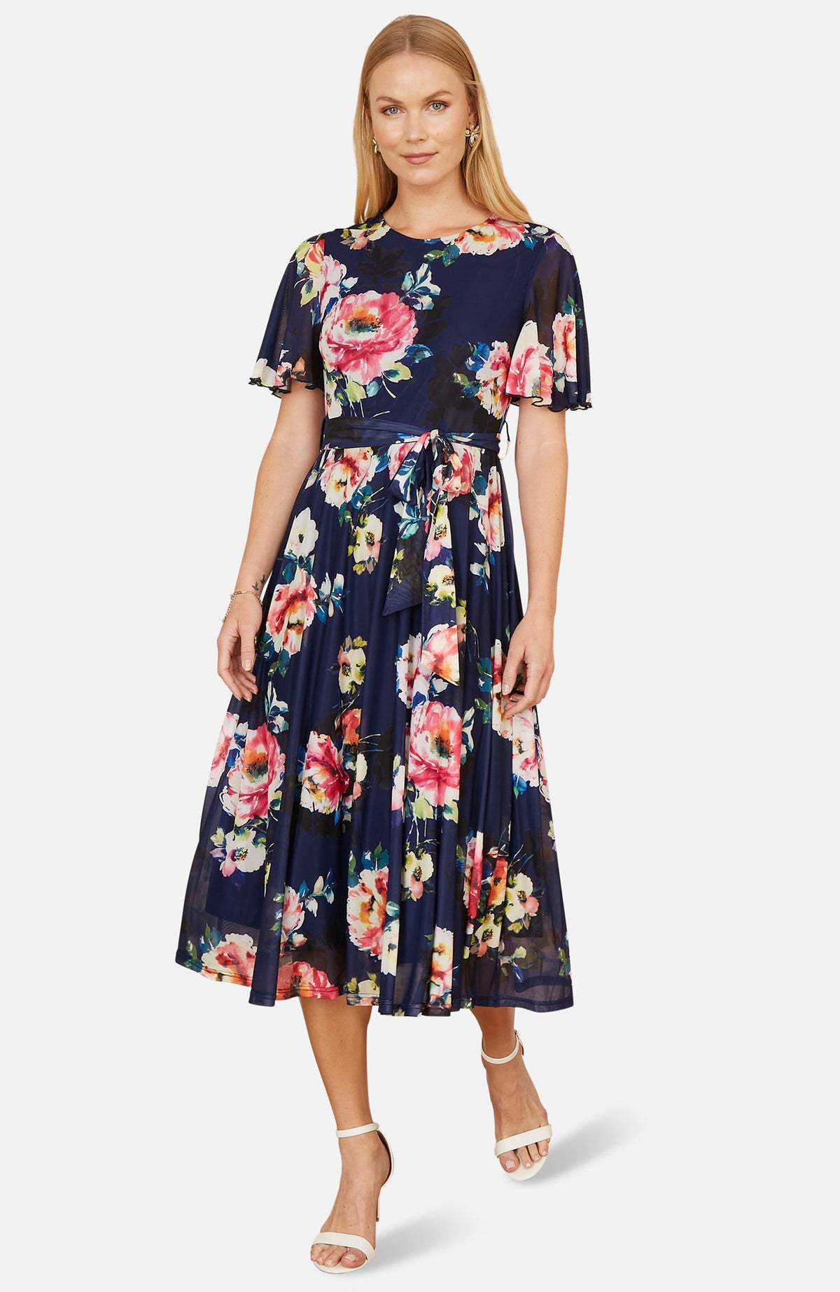 thumbnail image 1 of Yumi Mesh Floral Print Midi Dress - Navy, 6, 1 of 6