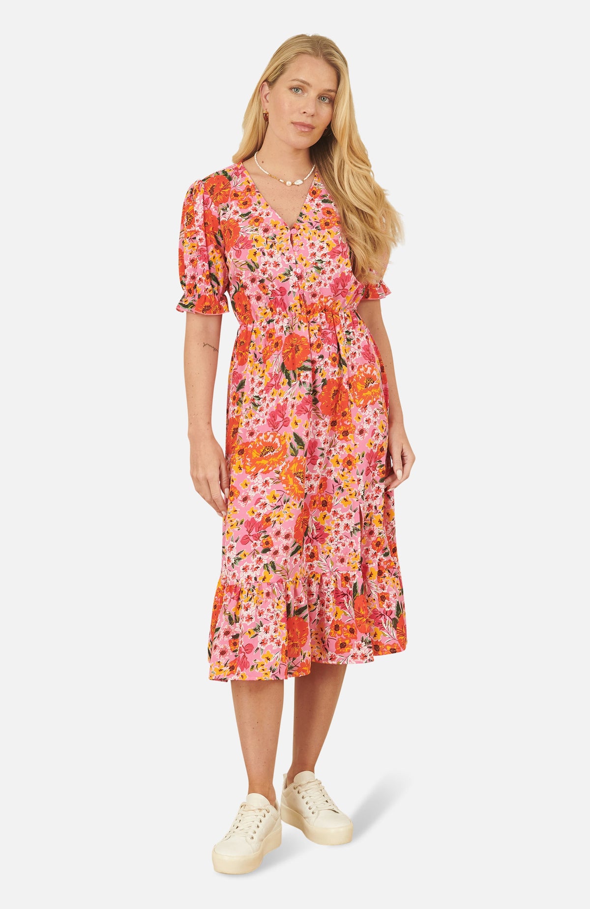 thumbnail image 1 of Yumi Puff Sleeve V-Neck Printed Midi Dress - Pink, 4, 1 of 6