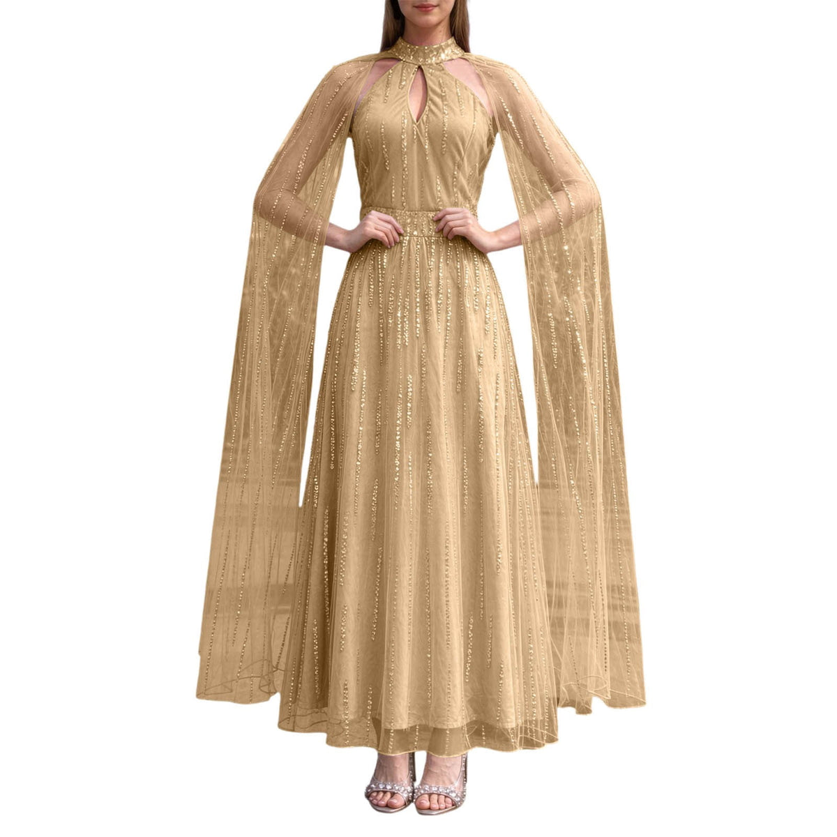 thumbnail image 1 of ZHOGXU Women's Mesh Sequin Evening Dresses High Neck Cutout Beaded Tulle Maxi Dress Sheer Cape Sleeve Formal Gown, 1 of 7
