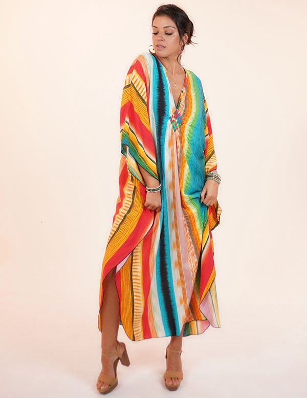 thumbnail image 2 of Shawl Dawls Women Cover-up V Neck Oversized Sleeve One Size Beach Kaftan Vacation Dress-STRIPE MULTI, 2 of 6