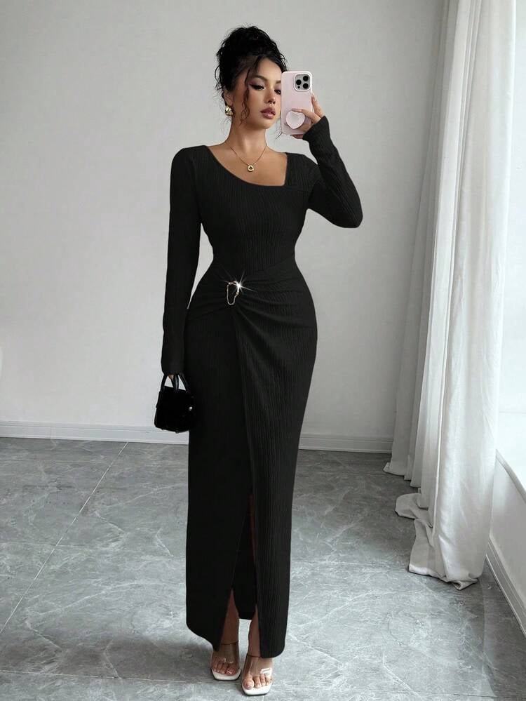 thumbnail image 5 of Black Asymmetrical Neck Knitted Long Dress with Ornamental Buckle, 5 of 7