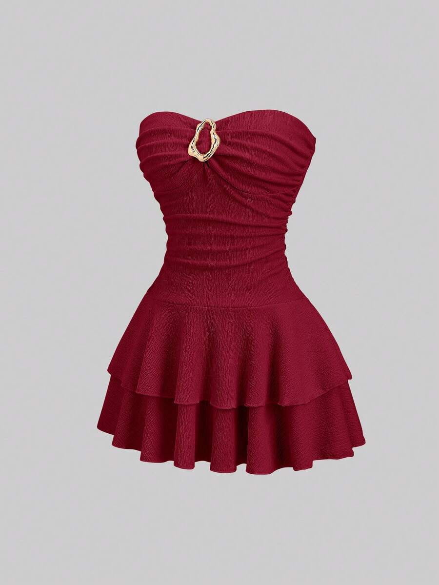 thumbnail image 6 of Women's Elegant Strapless Double Layer Ruffle Mini Dress, Red, Sizes L-M, 6 of 6