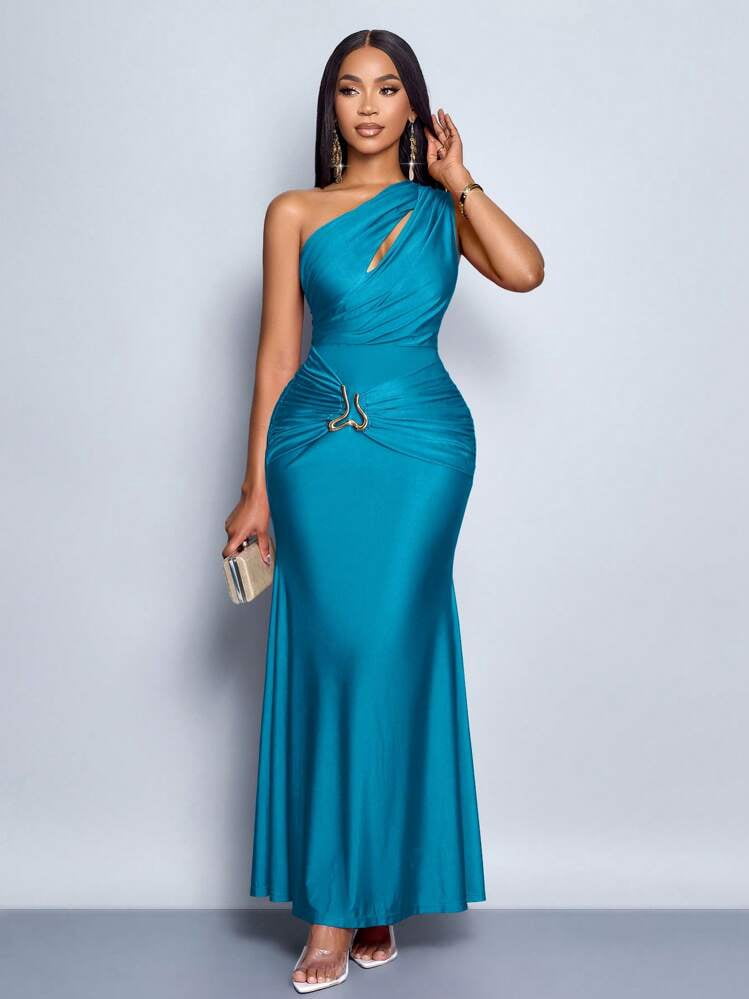 thumbnail image 4 of Teal Blue One Shoulder Asymmetric Cutout Maxi Dress with Ornamental Chain, 4 of 8