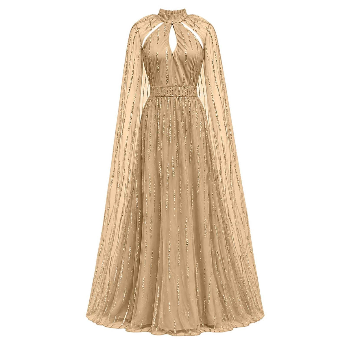 thumbnail image 6 of ZHOGXU Women's Mesh Sequin Evening Dresses High Neck Cutout Beaded Tulle Maxi Dress Sheer Cape Sleeve Formal Gown, 6 of 7