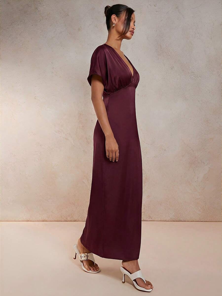 thumbnail image 5 of Womens Elegant Redwood V-Neck Satin Long Dress, 5 of 8