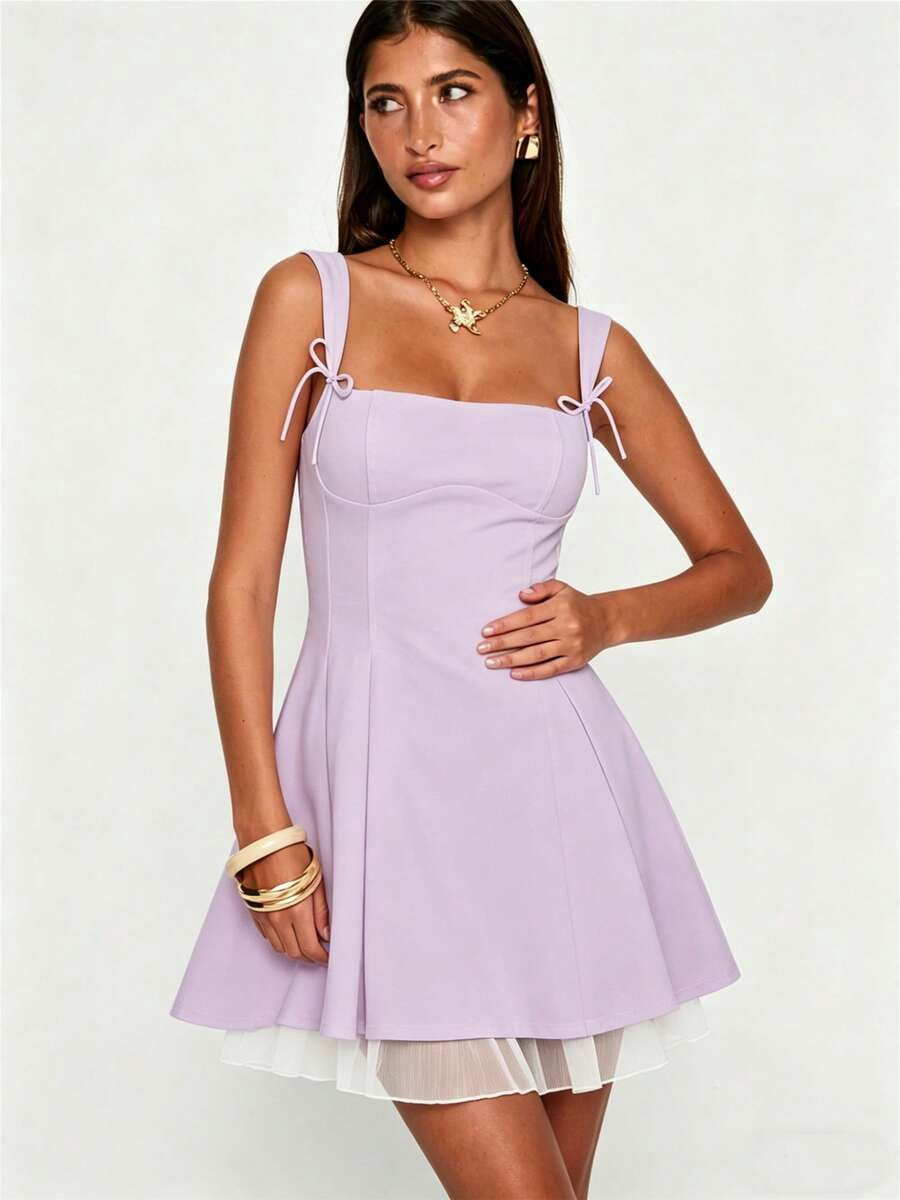 thumbnail image 2 of Purple Sleeveless Square Neck A-Line Mini Dress With Backless Straps, 2 of 30