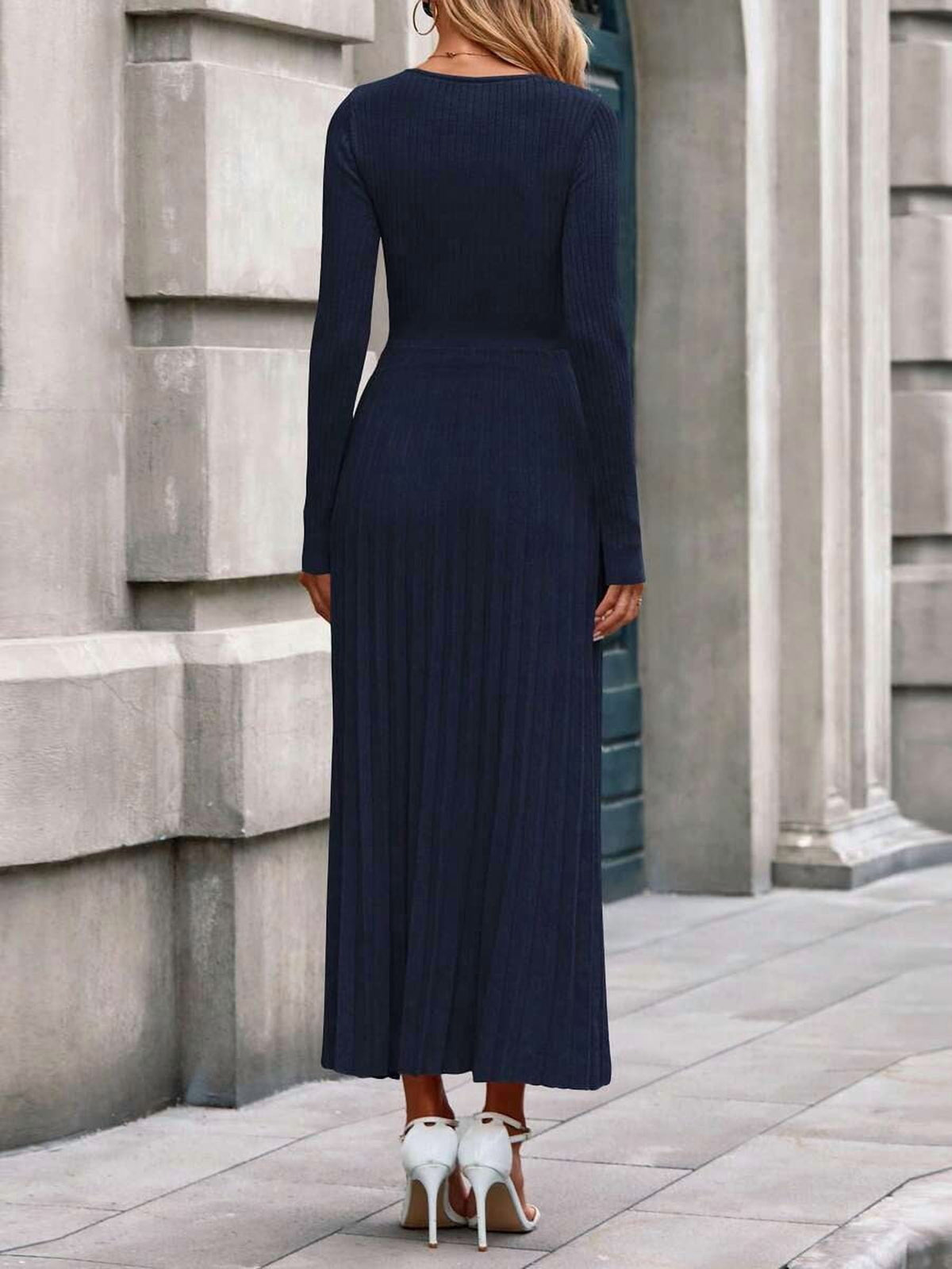 thumbnail image 2 of Navy Blue Long Sleeve V Neck Ribbed Knit Pleated Maxi Dress, 2 of 6