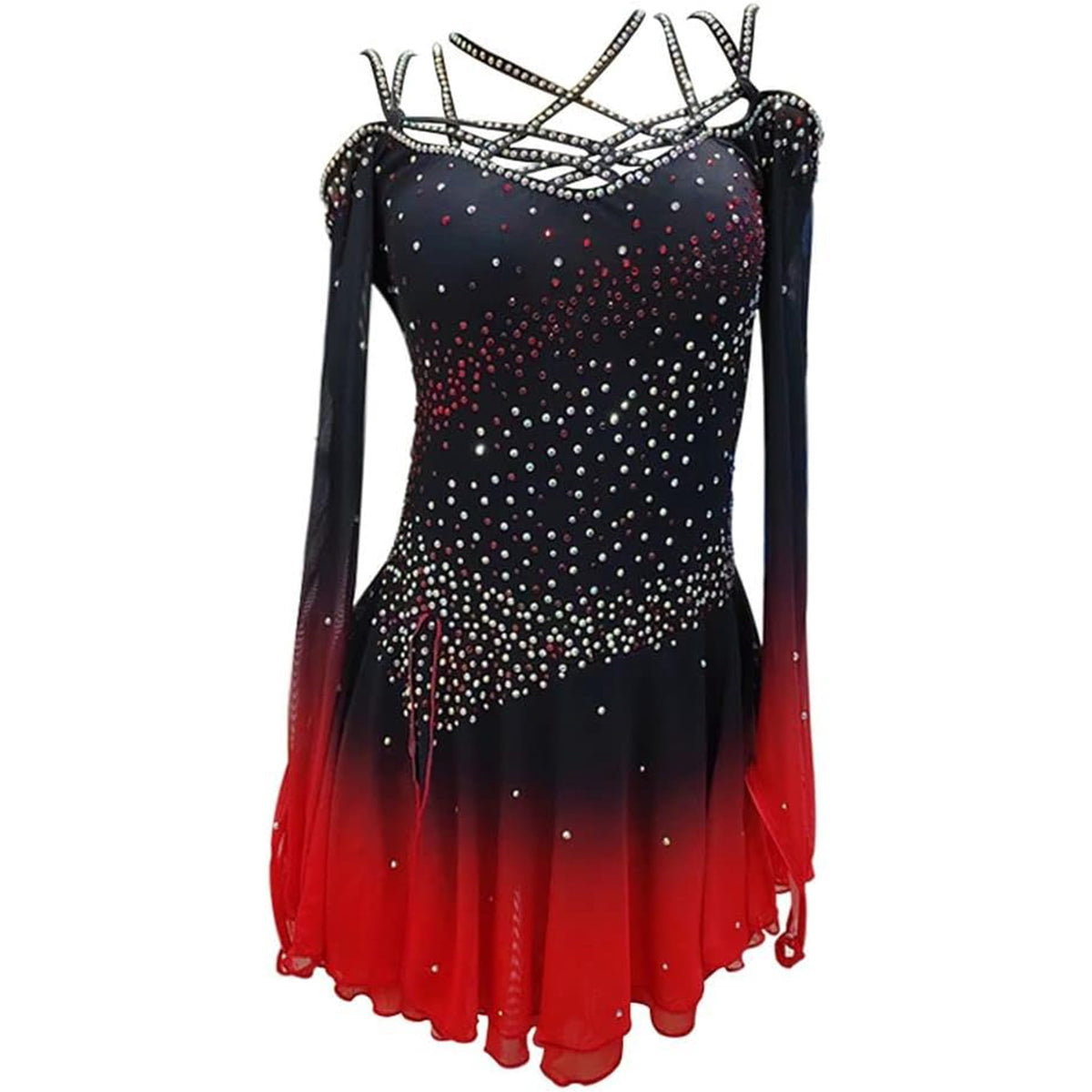 thumbnail image 2 of LIUHUO Custom Black - Red Gradient Spandex Ice Skating Dresses for Women & Girls - High Elasticity, Cross - Diamond Shoulder Straps, 2 of 7