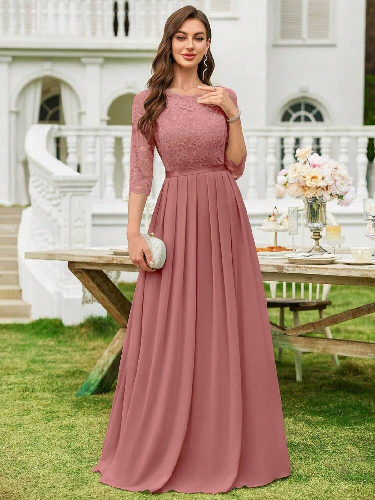 thumbnail image 4 of Dusty Pink Lace Bodice Chiffon Pleated Long Evening Dress, 4 of 8