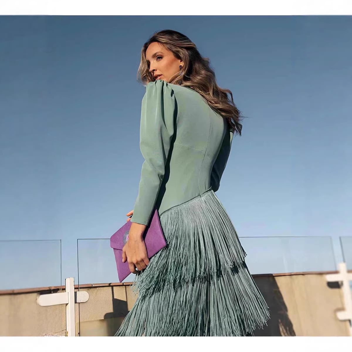 thumbnail image 4 of Autumn Deep V-neck Fringe Fitted Long Dress, 4 of 10
