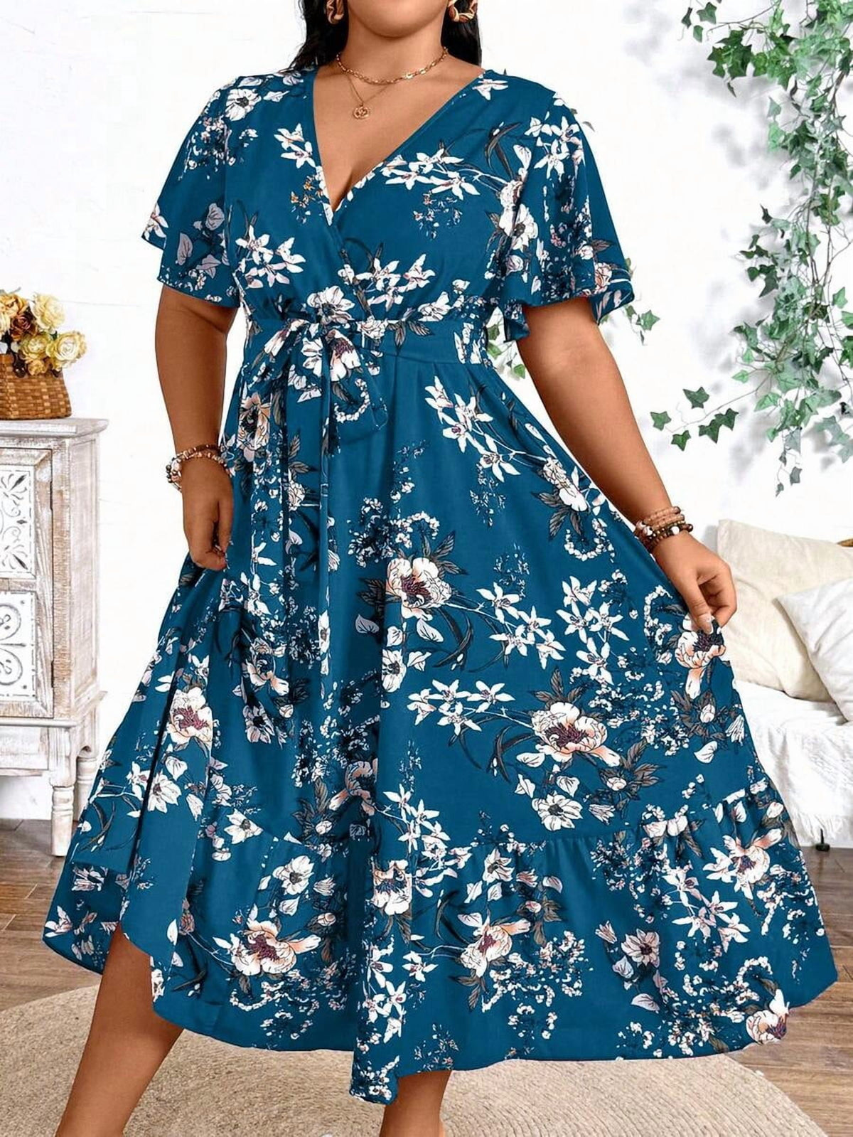 thumbnail image 3 of Plus Size Teal Blue Floral Print V-Neck Wrap Dress Short Sleeve A-Line Maxi, 3 of 6