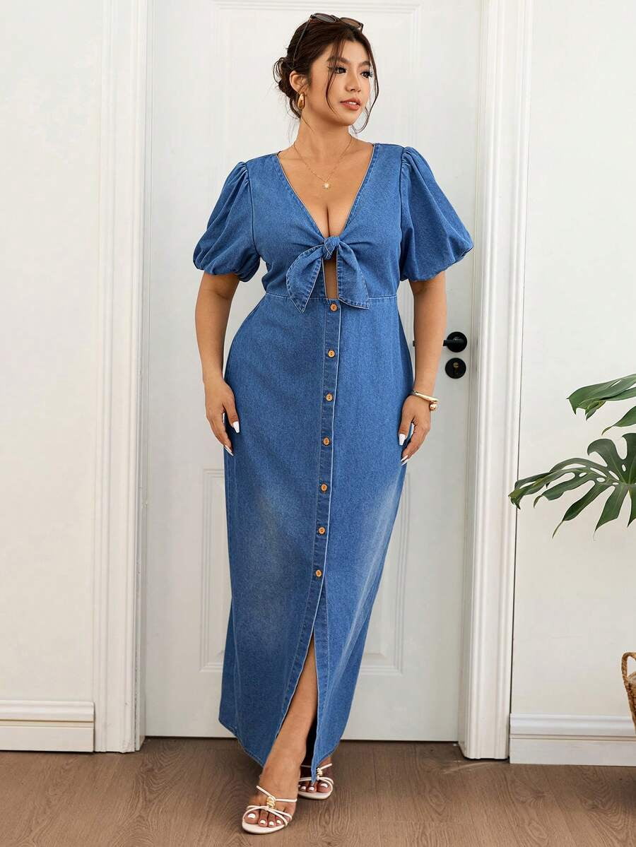 thumbnail image 3 of Plus Size Dark Wash Denim Maxi Dress - Puff Sleeve Tie Front Button Down, 3 of 5