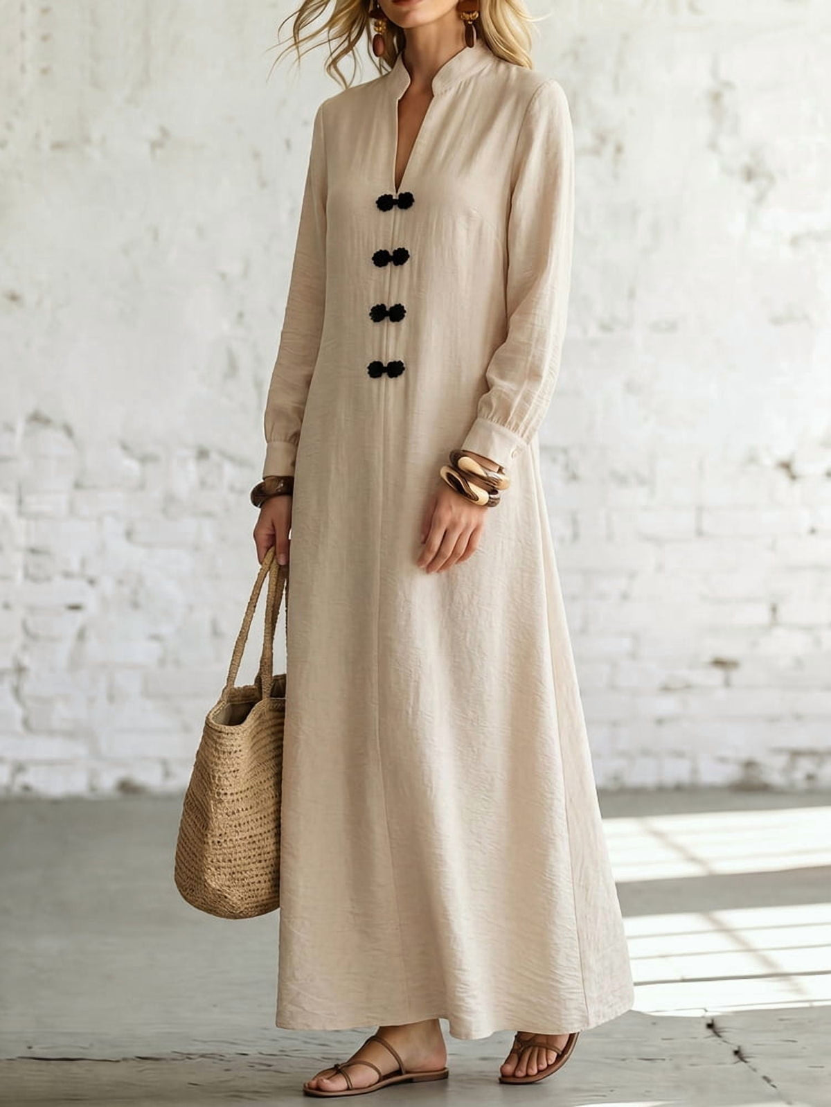 thumbnail image 3 of Apricot Long Sleeve Mandarin Collar Frog Button Maxi Dress, 3 of 3