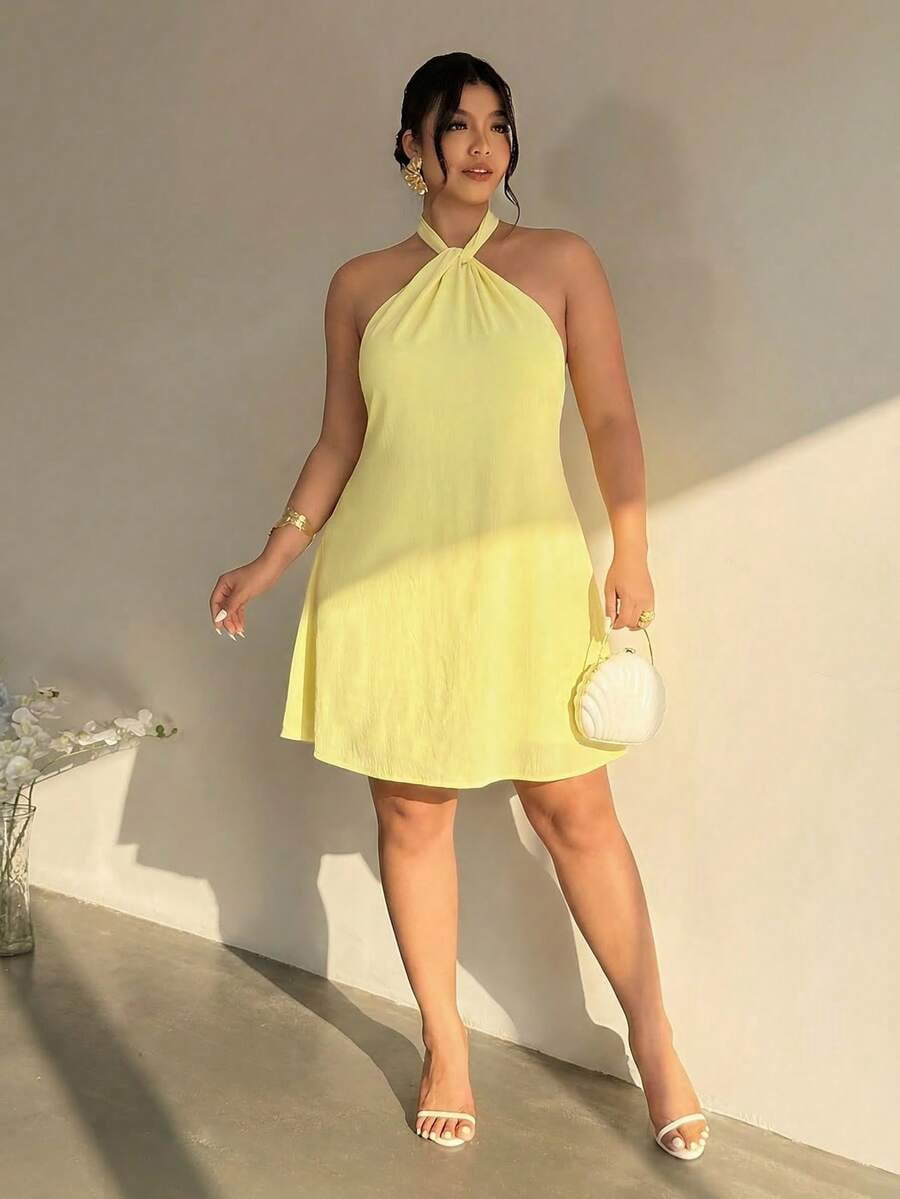 thumbnail image 5 of Plus Size Yellow Halter Neck Backless Mini Dress, 5 of 9