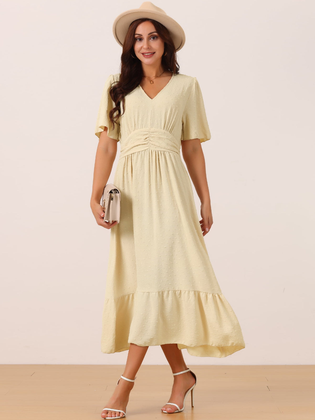 thumbnail image 3 of DARING DIVA Women's Swiss Dots Ruffle Midi Dresses S Apricot, 3 of 5