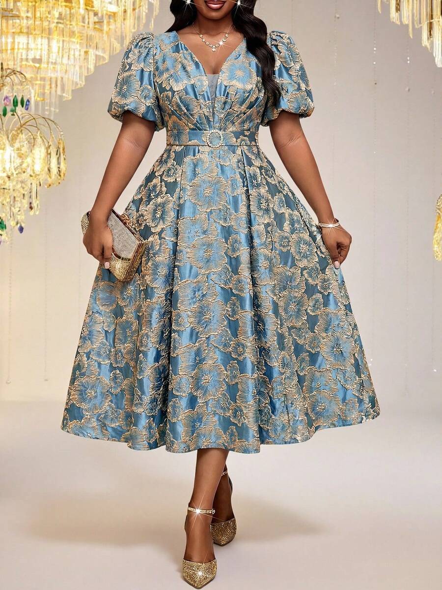 thumbnail image 7 of Womens Blue Floral Jacquard V-Neck Vintage 1950s Elegant Pleated Cocktail, 7 of 7