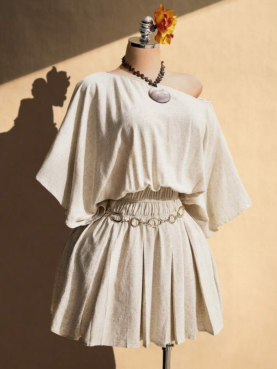 thumbnail image 5 of Apricot Plus Size Solid Color Asymmetric Neck Linen Dress with Belt, 5 of 7
