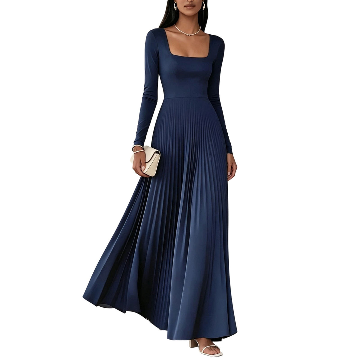 thumbnail image 2 of BRGZLK Square Neck Bridesmaid Dresses for Women Trendy Solid Color Long Sleeve Empire Waist Pleated Gowns Wedding Guest Dress Maxi Formal Evening Dress Navy XL, 2 of 8