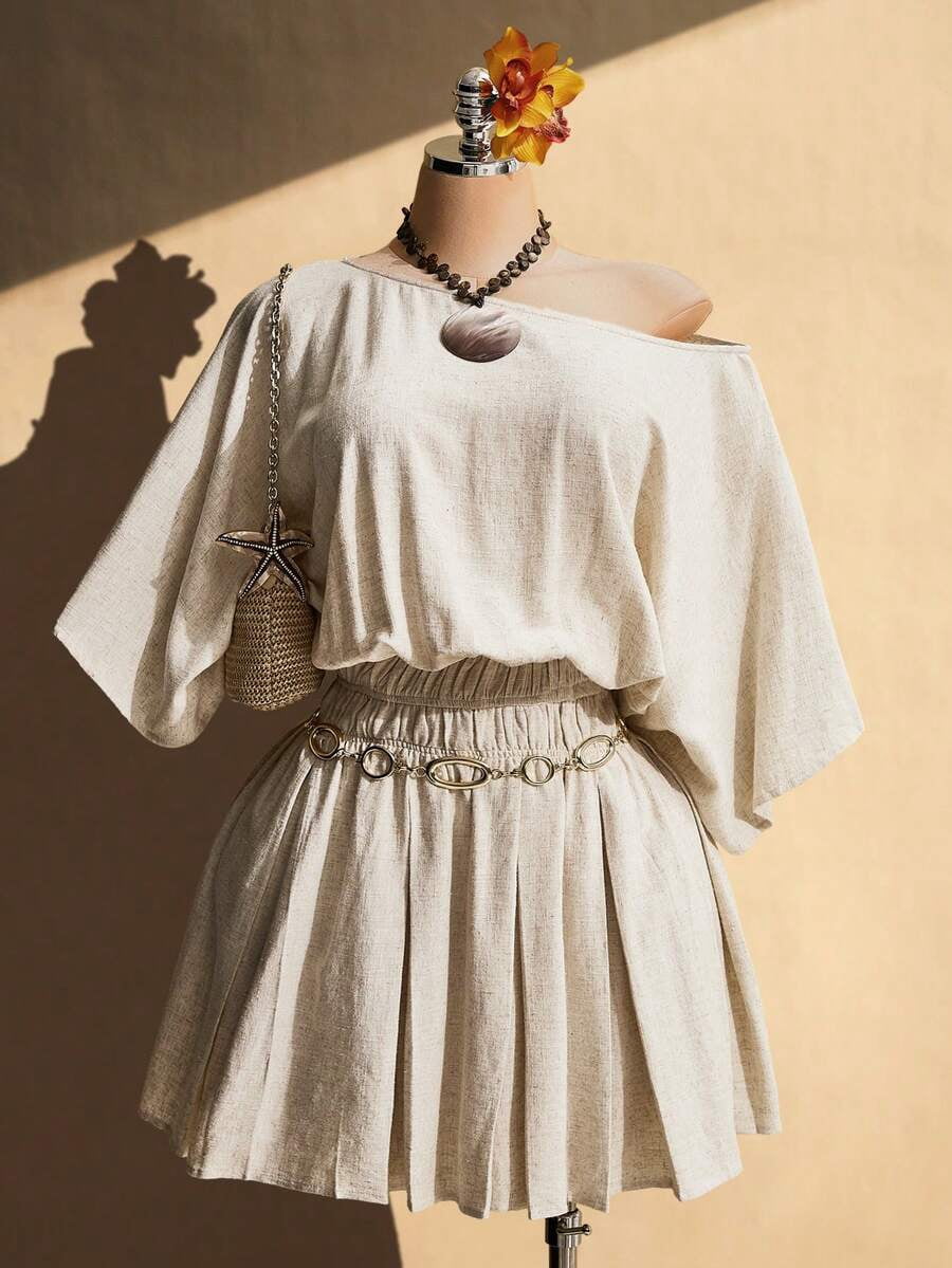 thumbnail image 4 of Apricot Plus Size Solid Color Asymmetric Neck Linen Dress with Belt, 4 of 7
