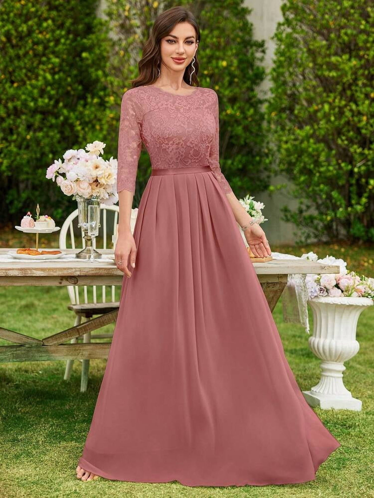thumbnail image 6 of Dusty Pink Lace Bodice Chiffon Pleated Long Evening Dress, 6 of 8