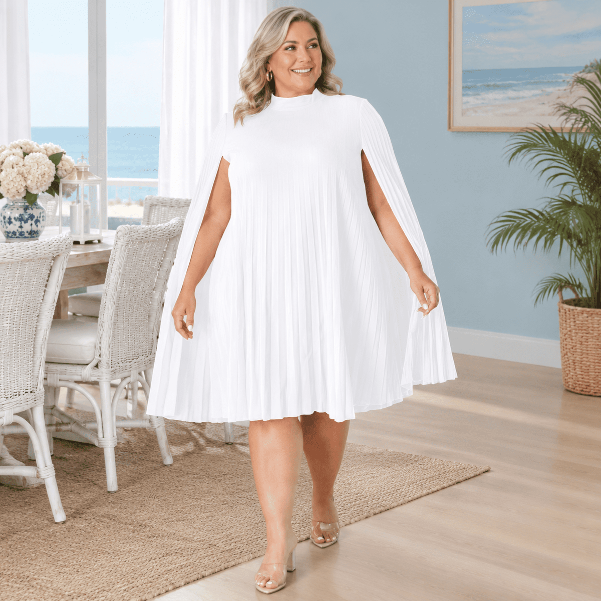 thumbnail image 2 of Women Plsize Cape Dress Pleated Cocktail Mini, 2 of 6