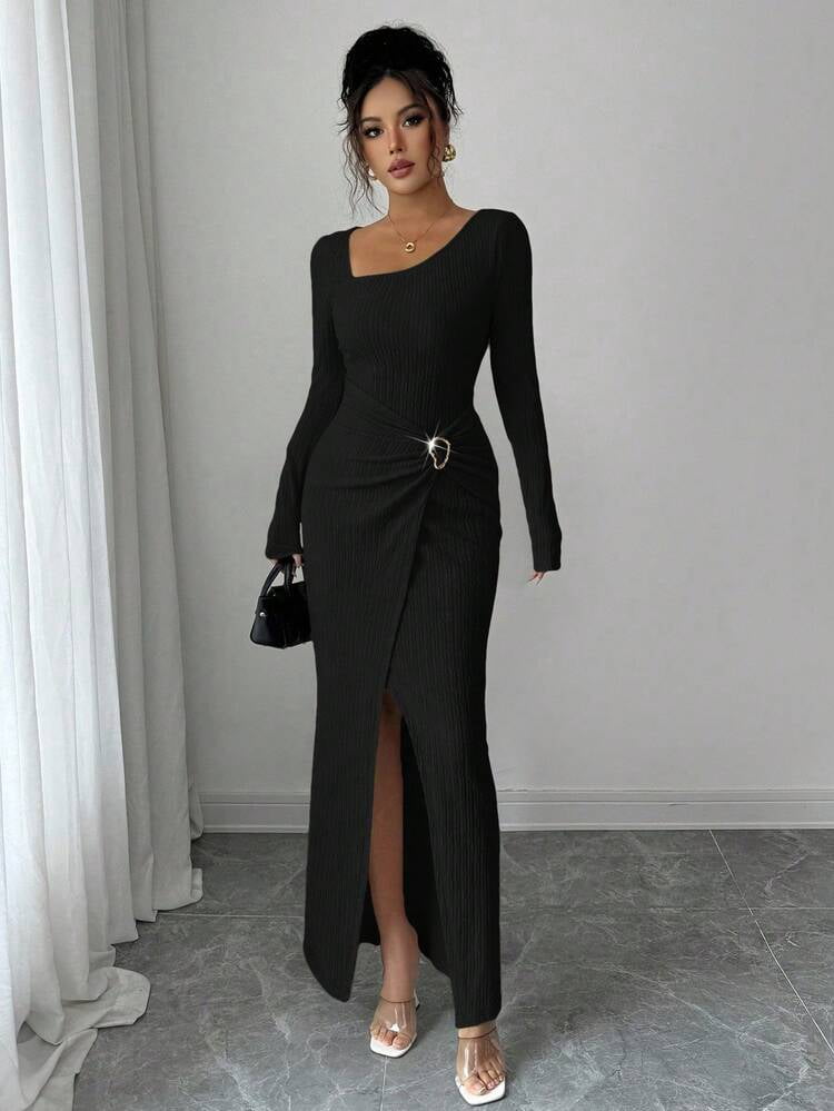 thumbnail image 4 of Black Asymmetrical Neck Knitted Long Dress with Ornamental Buckle, 4 of 7