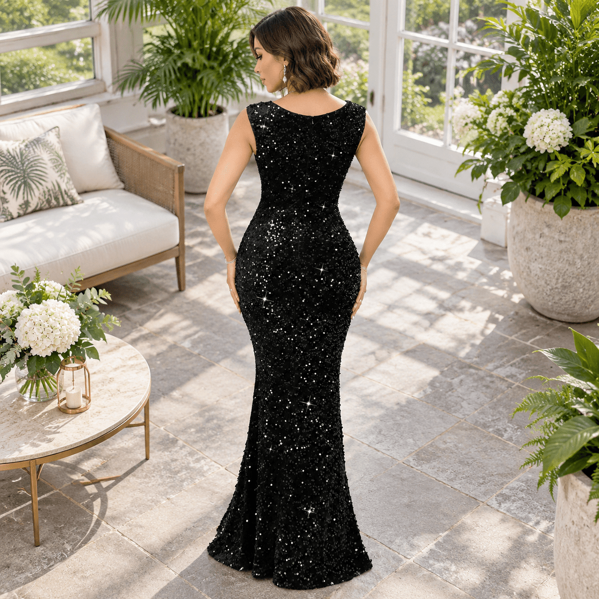 thumbnail image 2 of Women's Black Sequin Sleeveless V Neck Mermaid Formal Evening Gown, Small, 2 of 4