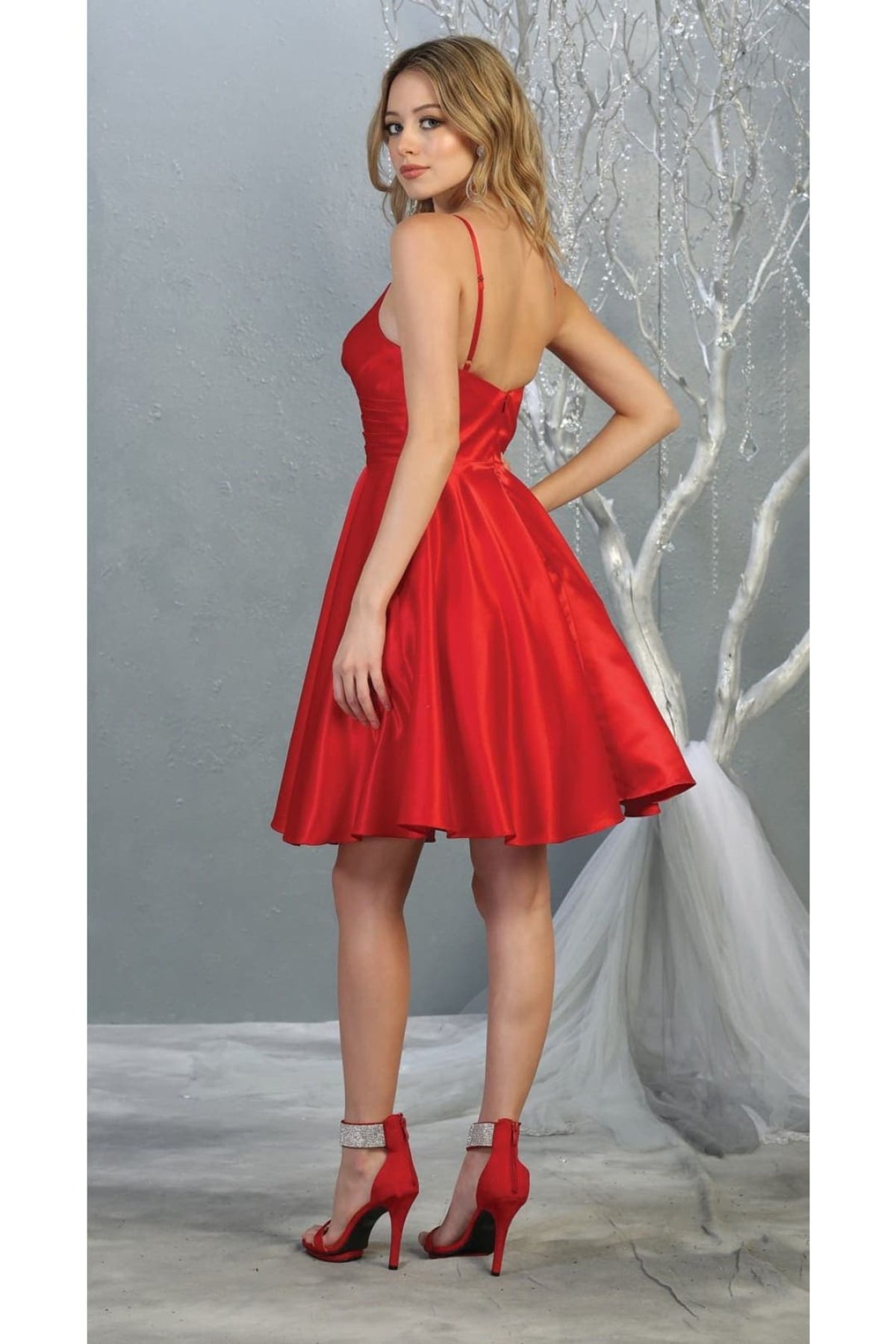 thumbnail image 6 of Women's May Queen MQ1654 V Neck Simple Solid Satin Short Hoco Dress Christmas - New Year Holiday Red 20, 6 of 9