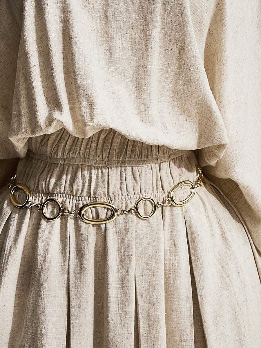 thumbnail image 6 of Apricot Plus Size Solid Color Asymmetric Neck Linen Dress with Belt, 6 of 7