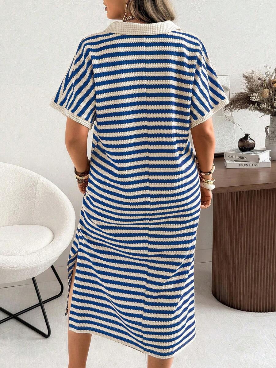 thumbnail image 2 of Plus Size Royal Blue Striped Knit Collar Short Sleeve Casual Vacation Dress, 2 of 4