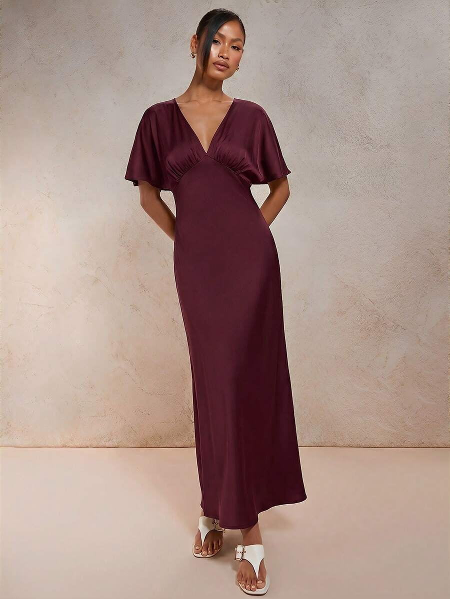 thumbnail image 4 of Womens Elegant Redwood V-Neck Satin Long Dress, 4 of 8