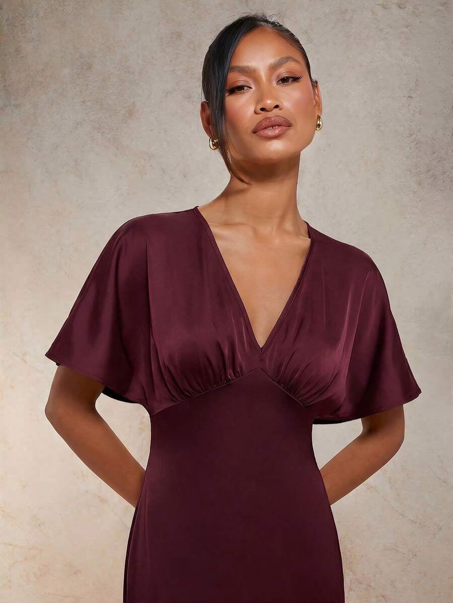 thumbnail image 6 of Womens Elegant Redwood V-Neck Satin Long Dress, 6 of 8