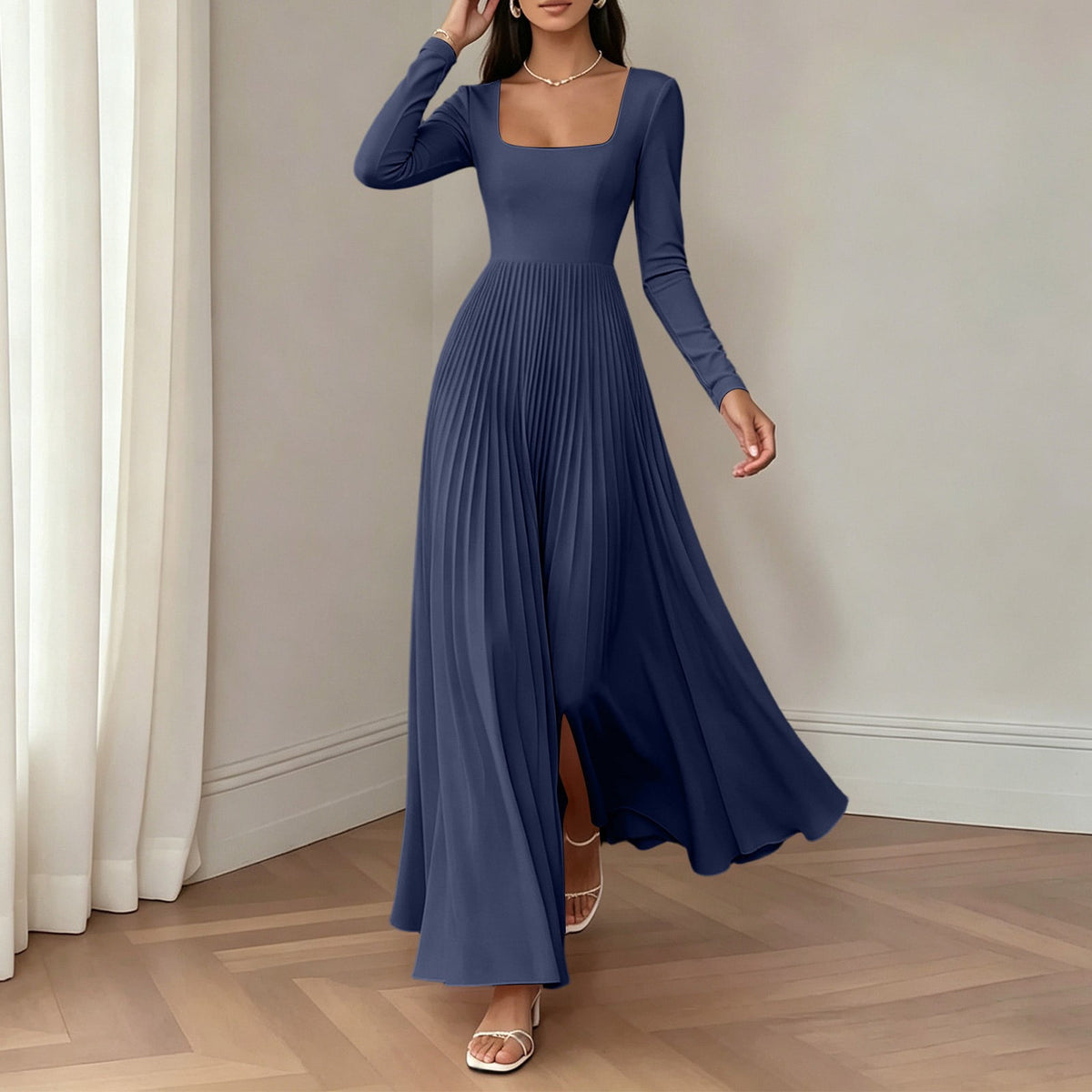 thumbnail image 4 of BRGZLK Square Neck Bridesmaid Dresses for Women Trendy Solid Color Long Sleeve Empire Waist Pleated Gowns Wedding Guest Dress Maxi Formal Evening Dress Navy XL, 4 of 8