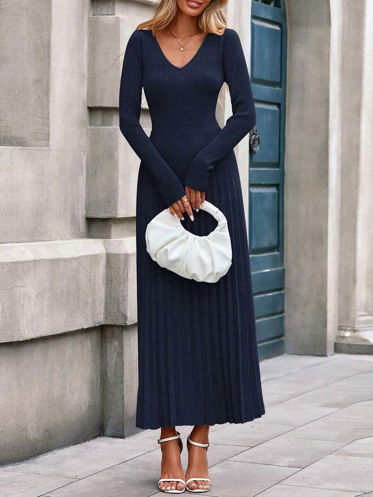 thumbnail image 4 of Navy Blue Long Sleeve V Neck Ribbed Knit Pleated Maxi Dress, 4 of 6