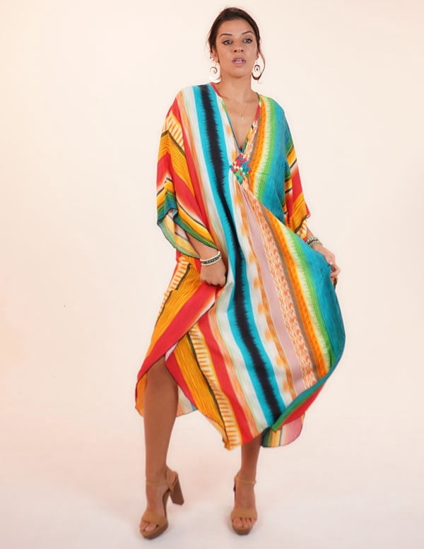 thumbnail image 6 of Shawl Dawls Women Cover-up V Neck Oversized Sleeve One Size Beach Kaftan Vacation Dress-STRIPE MULTI, 6 of 6