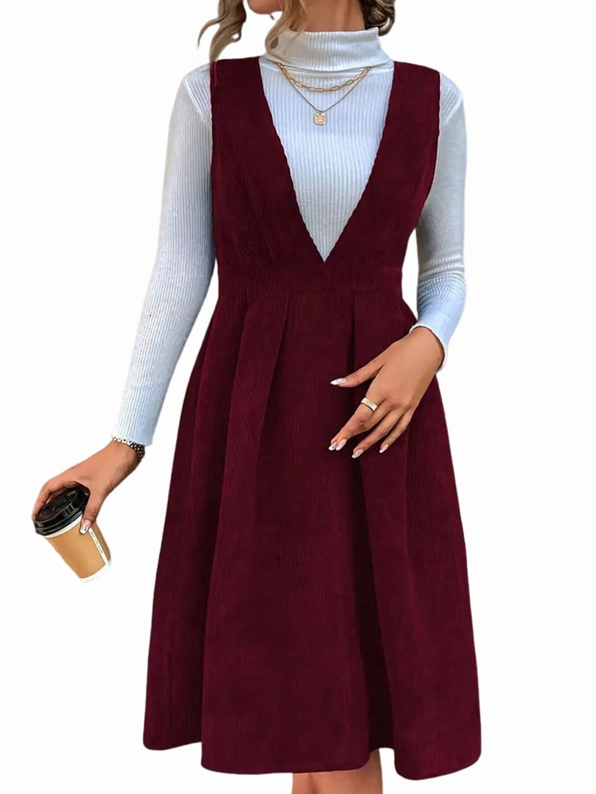 thumbnail image 2 of Women V Neck Corduroy Overall Dress Fall Mini Pinafore Jumper Dress Red S, 2 of 9