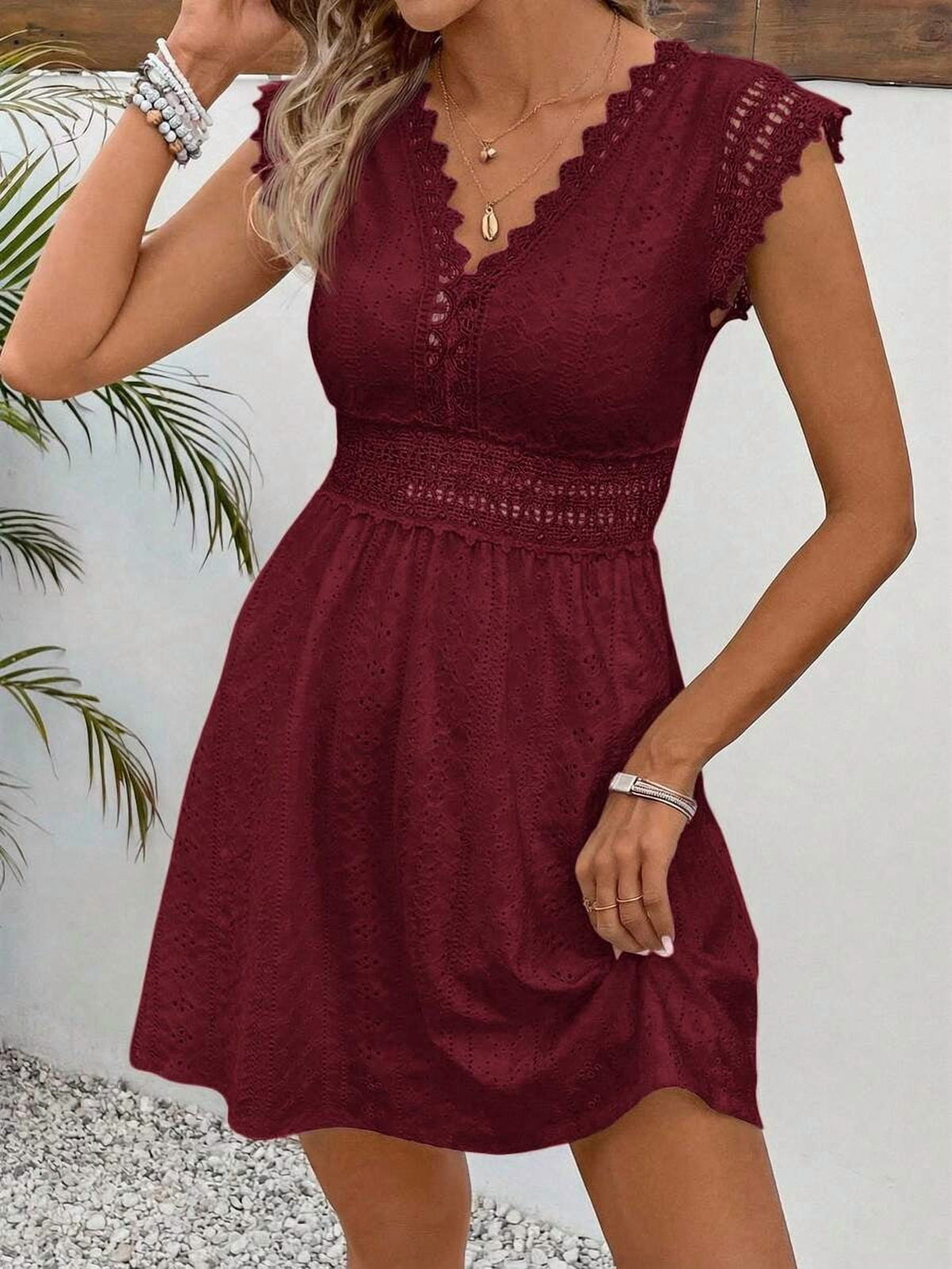 thumbnail image 4 of Burgundy Eyelet Lace V-Neck Short Sleeve A-Line Mini Dress, 4 of 30